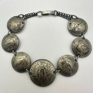 WWII era vintage retro USA Philippines 750 sterling silver 7 coins bracelet